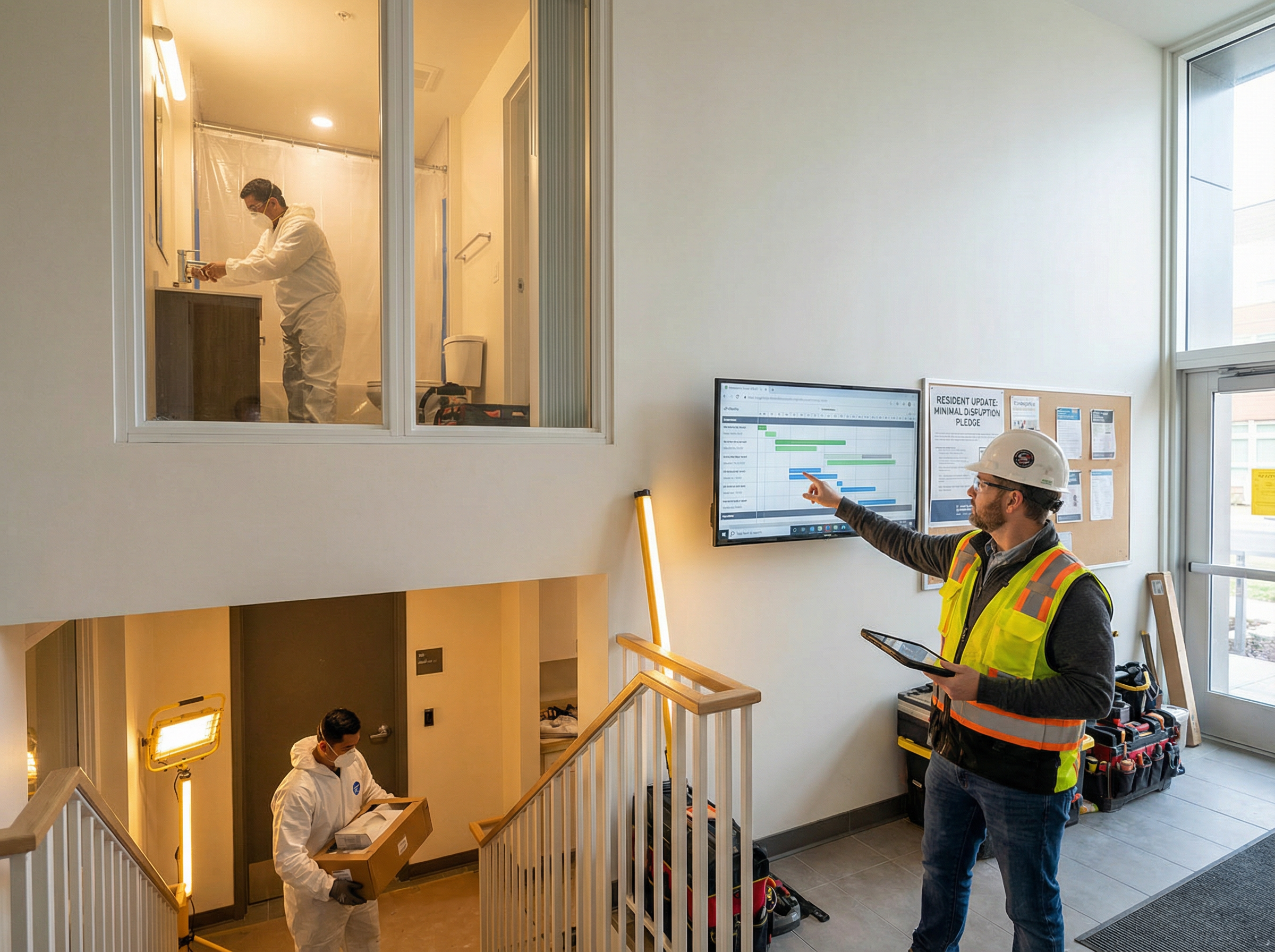 Mastering Apartment Renovations in Multi-Family Communities: Effective Resident Communication & Workflow Optimization 2 Renovation crew working efficiently in a multi-family apartment unit