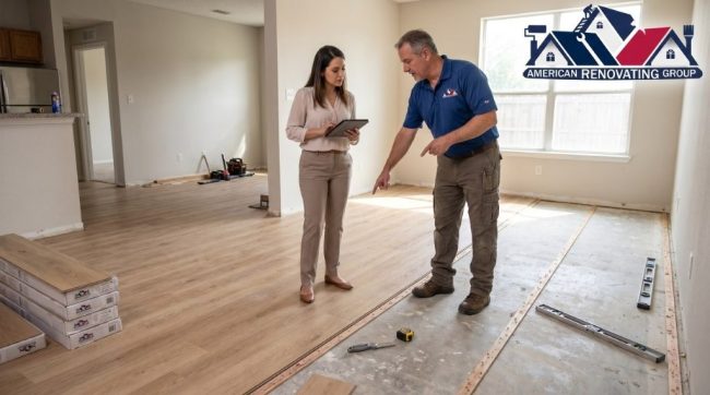 apartment renovation Houston flooring installation process in a multifamily unit with property manager inspection