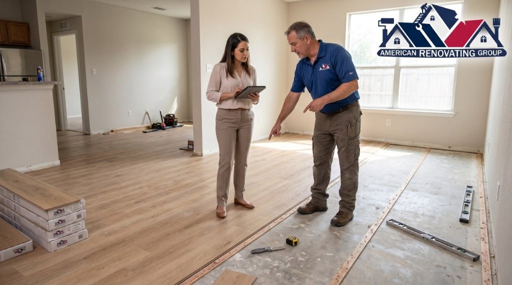 apartment renovation Houston flooring installation process in a multifamily unit with property manager inspection