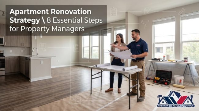 Apartment renovation strategy planning in Houston with manager and contractor reviewing unit upgrades