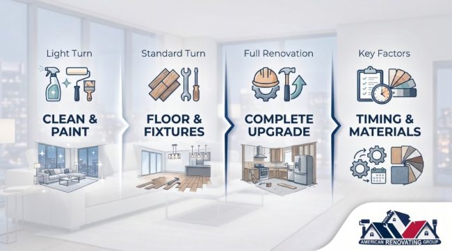 Apartment turn timeline infographic showing light, standard, and full renovation stages