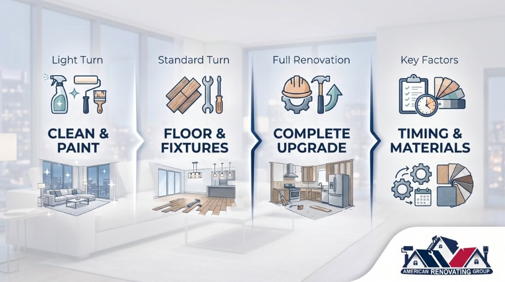 Apartment turn timeline infographic showing light, standard, and full renovation stages