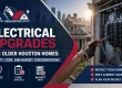 Electrical upgrades Houston: electrician updating a 1950s home’s service panel with GFCI/AFCI protection, surge protection, and code-compliant wiring