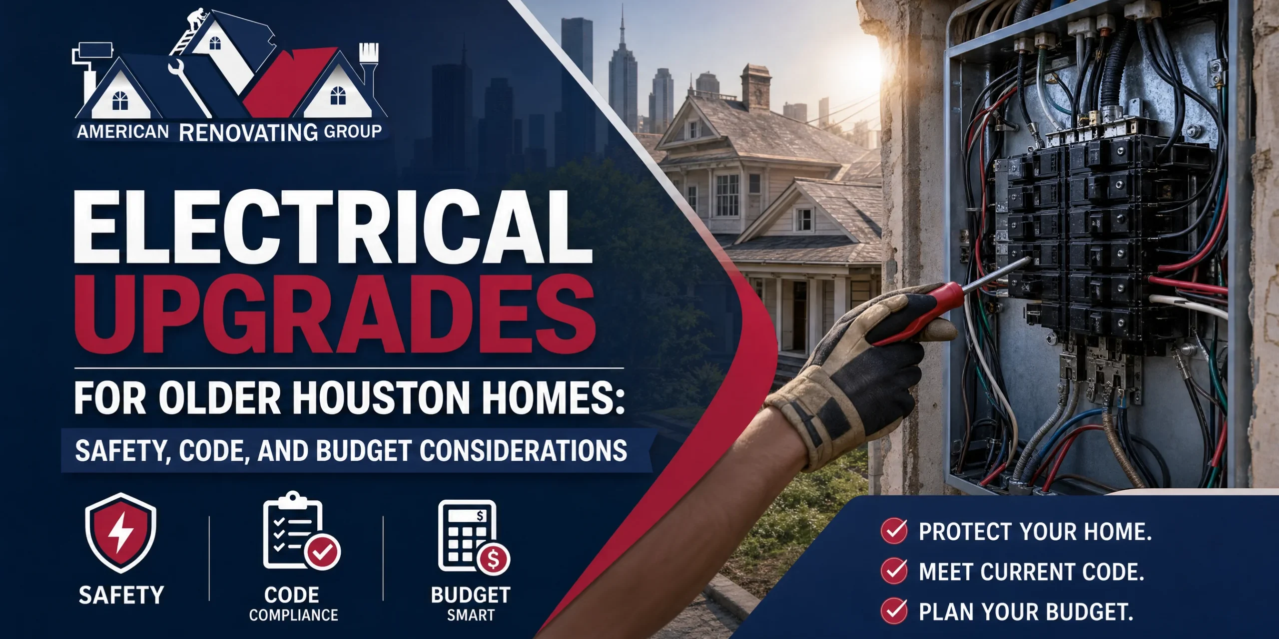 Electrical upgrades Houston: electrician updating a 1950s home’s service panel with GFCI/AFCI protection, surge protection, and code-compliant wiring