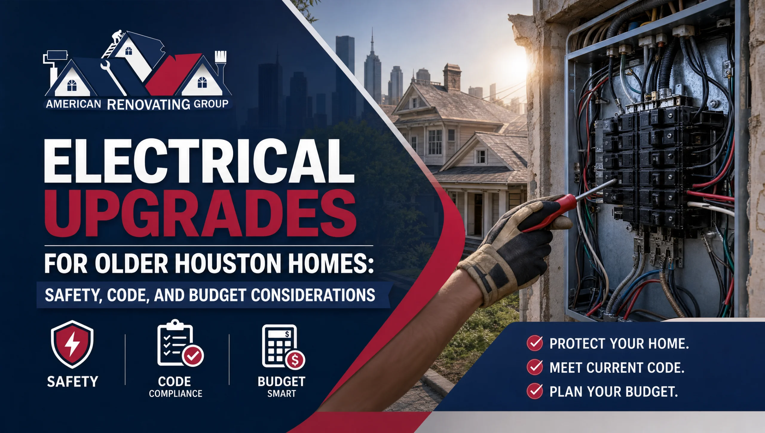 Electrical upgrades Houston: electrician updating a 1950s home’s service panel with GFCI/AFCI protection, surge protection, and code-compliant wiring