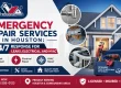 Technician providing emergency repair services Houston at night—containing a water leak, checking an HVAC unit, and following safety-first procedures
