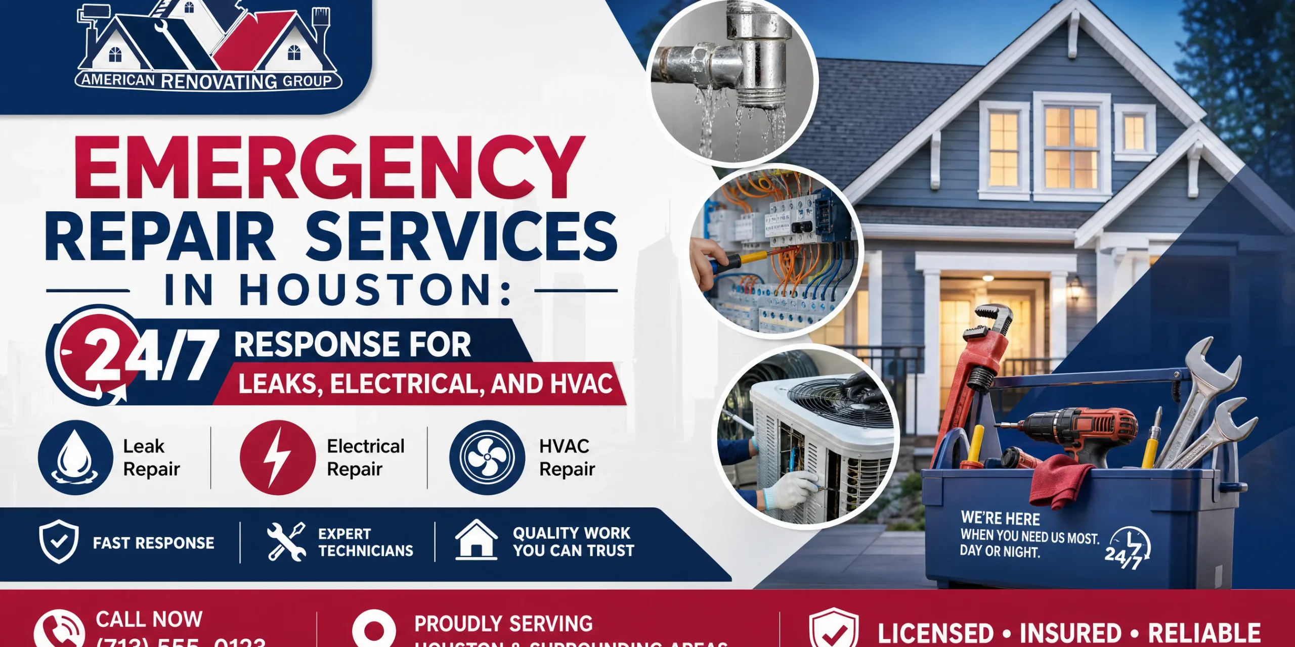 Technician providing emergency repair services Houston at night—containing a water leak, checking an HVAC unit, and following safety-first procedures