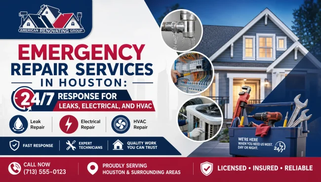 24/7 Emergency Repair Services in Houston: Leaks, Electrical, and HVAC Technician providing emergency repair services Houston at night—containing a water leak, checking an HVAC unit, and following safety-first procedures