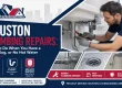 Houston plumbing repairs technician fixing an under-sink leak in a Houston home, with tools for leak detection, drain cleaning, and water heater troubleshooting nearby