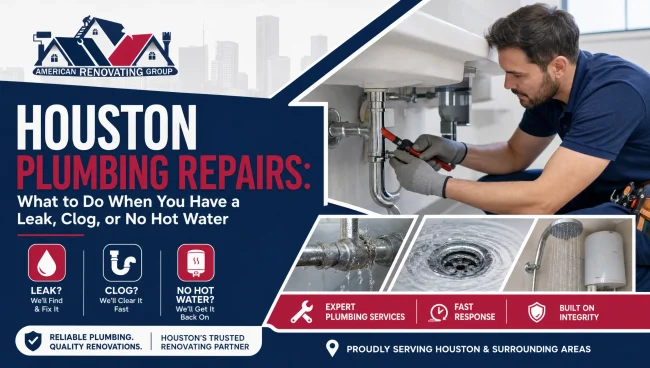 Houston Plumbing Repairs: What to Do When You Have a Leak, Clog, or No Hot Water | American Renovating Services Group Houston plumbing repairs technician fixing an under-sink leak in a Houston home, with tools for leak detection, drain cleaning, and water heater troubleshooting nearby