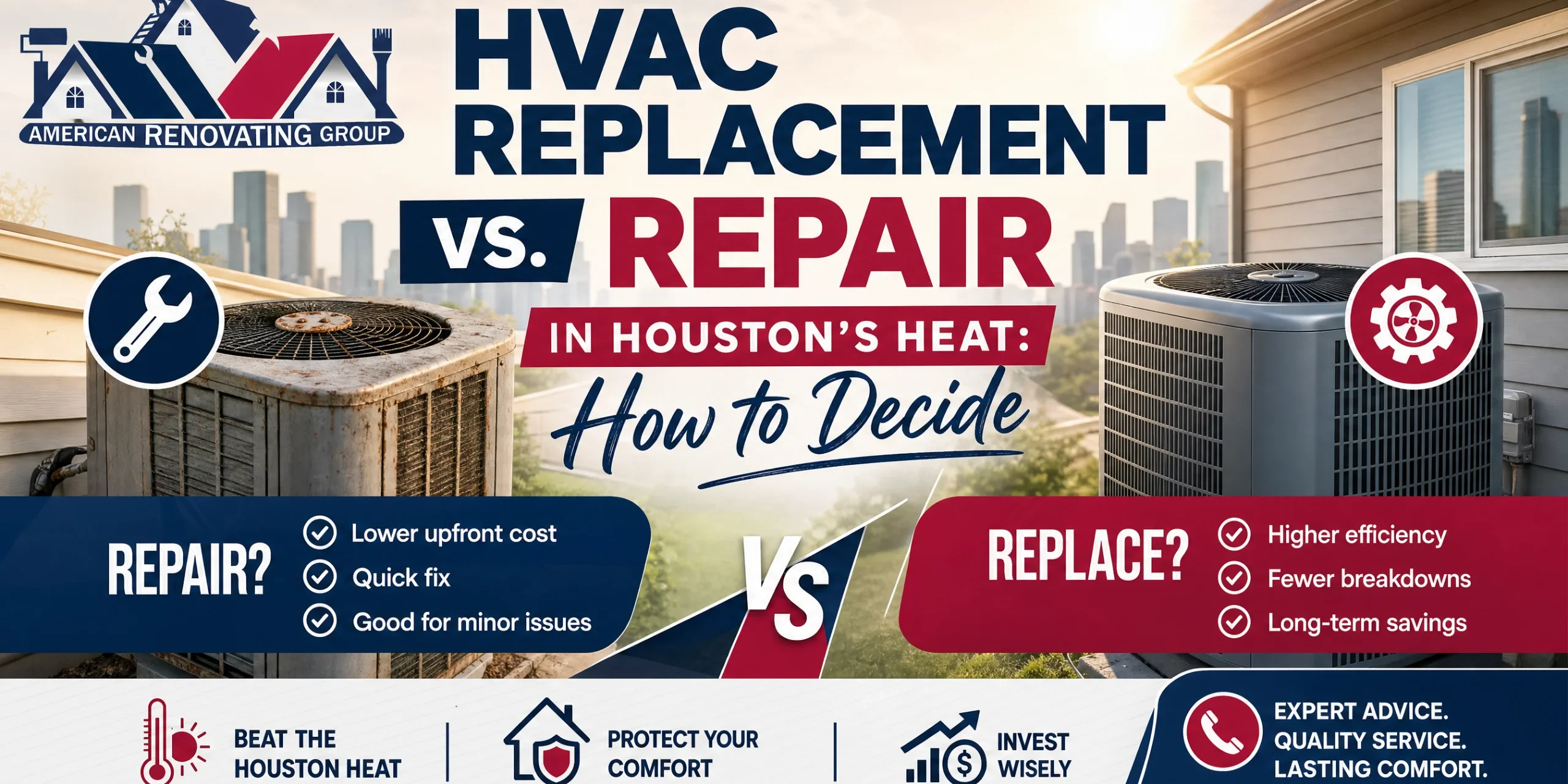 HVAC replacement vs repair Houston: technician evaluates an older rooftop AC on a Houston apartment building, weighing SEER2 efficiency, AC lifespan, and indoor air quality