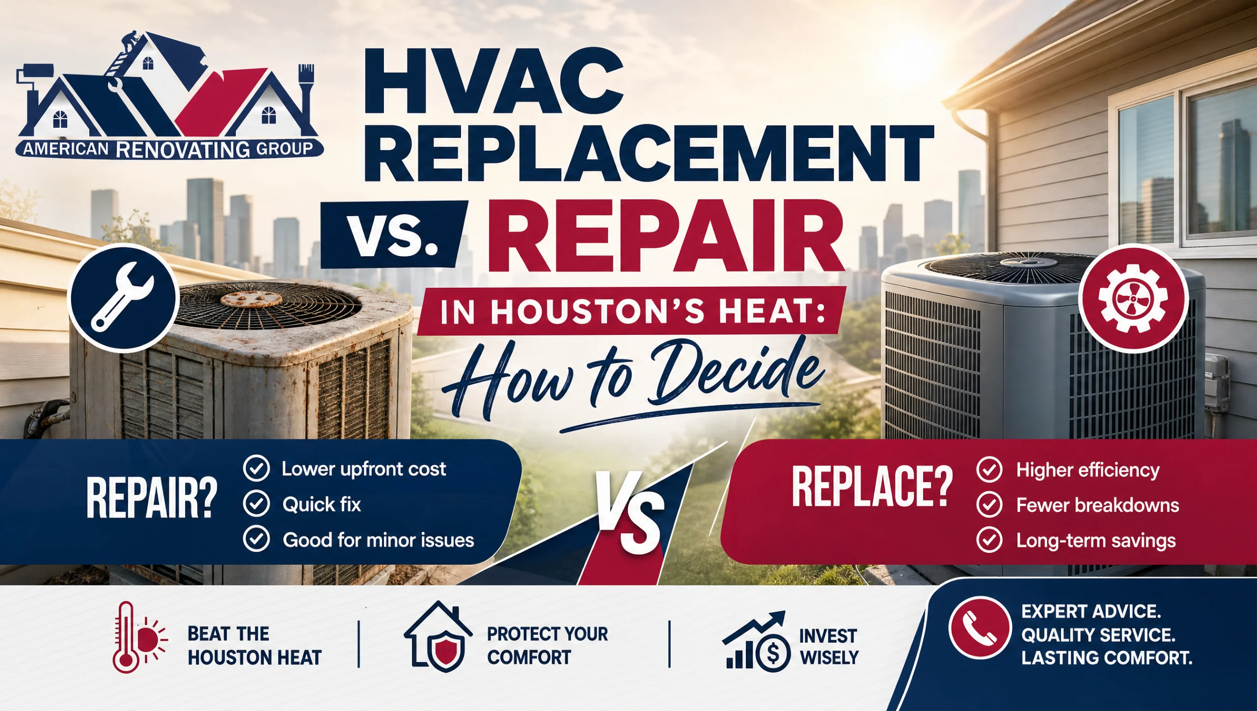 HVAC replacement vs repair Houston: technician evaluates an older rooftop AC on a Houston apartment building, weighing SEER2 efficiency, AC lifespan, and indoor air quality