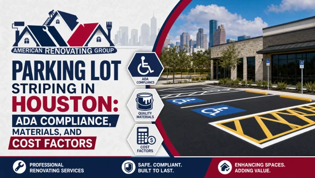 ADA-Compliant Parking Lot Striping in Houston with Fire Lane Markings Parking lot striping Houston project with ADA-compliant accessible stalls, clear fire lane markings, and durable thermoplastic lines at a commercial property