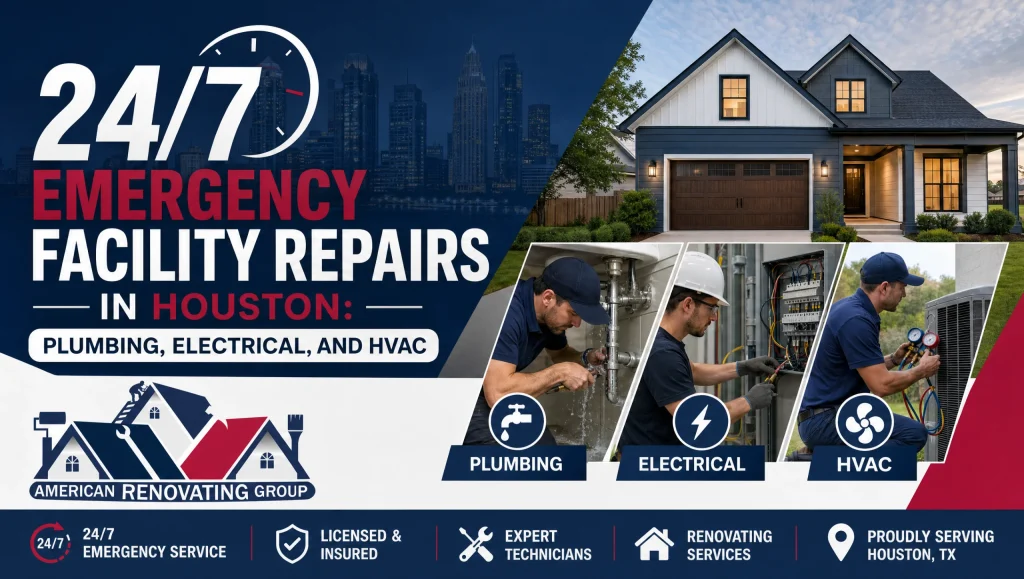 Technicians on site for 24/7 emergency facility repairs Houston, handling plumbing leaks, electrical faults, and HVAC failures at a commercial property entrance at night.