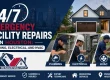 Technicians on site for 24/7 emergency facility repairs Houston, handling plumbing leaks, electrical faults, and HVAC failures at a commercial property entrance at night.