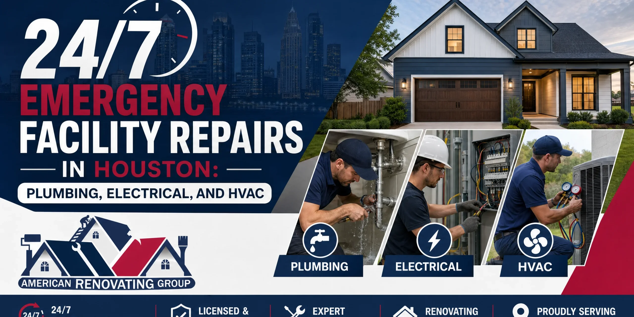 Technicians on site for 24/7 emergency facility repairs Houston, handling plumbing leaks, electrical faults, and HVAC failures at a commercial property entrance at night.