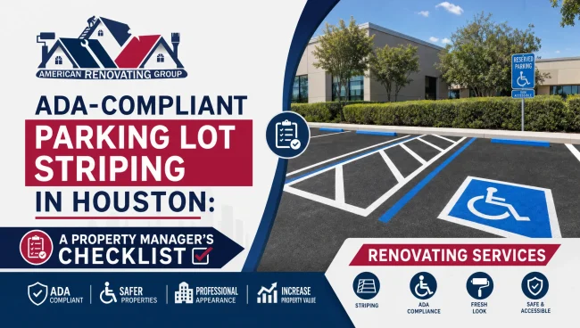 ADA compliant parking lot striping Houston with accessible spaces, van-access aisles, and fire lane curb paint