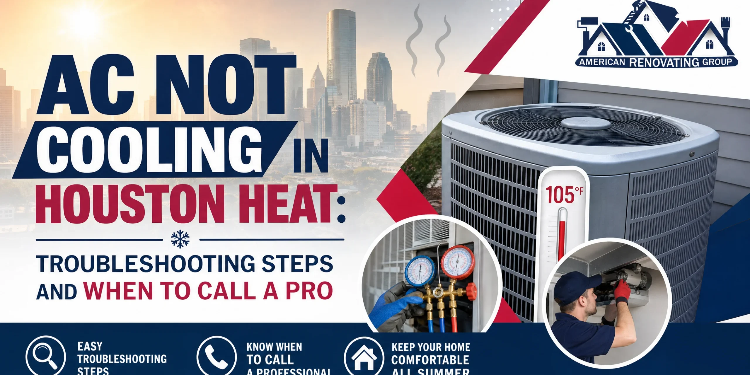 Homeowner checks the thermostat while an HVAC technician inspects the outdoor unit in Houston heat—simple steps for AC not cooling Houston before calling a pro