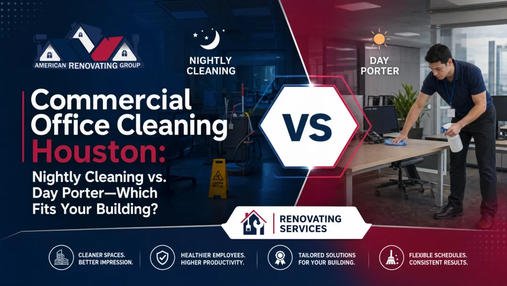 Commercial office cleaning Houston scene showing a day porter tidying a lobby while a nightly janitorial team cleans an open-plan workspace