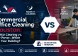 Commercial office cleaning Houston scene showing a day porter tidying a lobby while a nightly janitorial team cleans an open-plan workspace