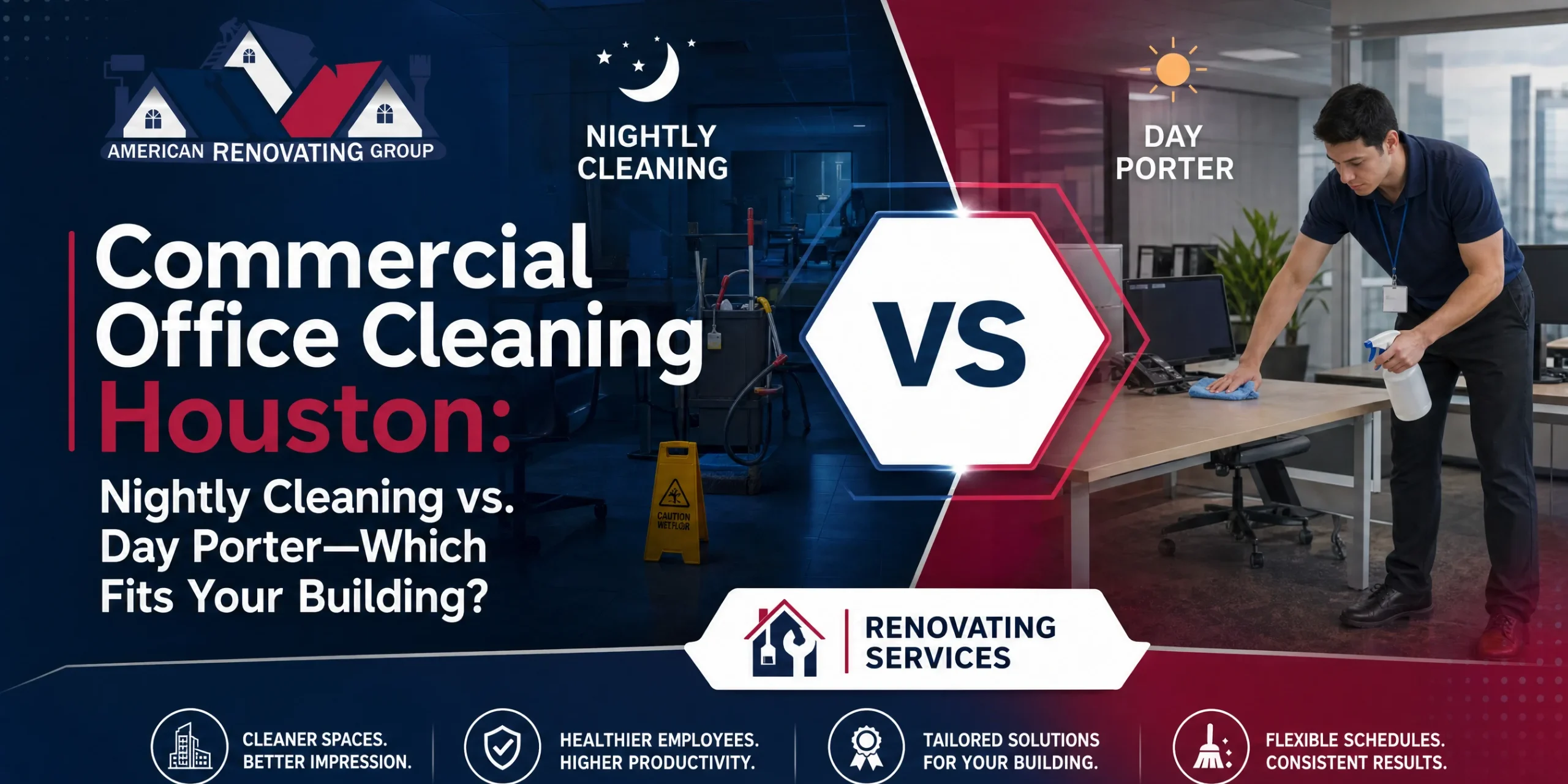 Commercial office cleaning Houston scene showing a day porter tidying a lobby while a nightly janitorial team cleans an open-plan workspace
