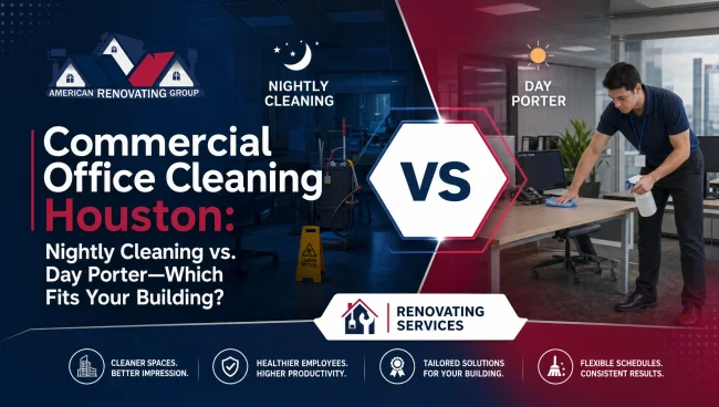 Commercial office cleaning Houston scene showing a day porter tidying a lobby while a nightly janitorial team cleans an open-plan workspace