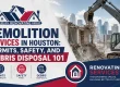 Crew performing safe selective demolition at a Houston property with dust control in place, city permits posted, and debris sorted for recycling and site cleanup — professional demolition services Houston