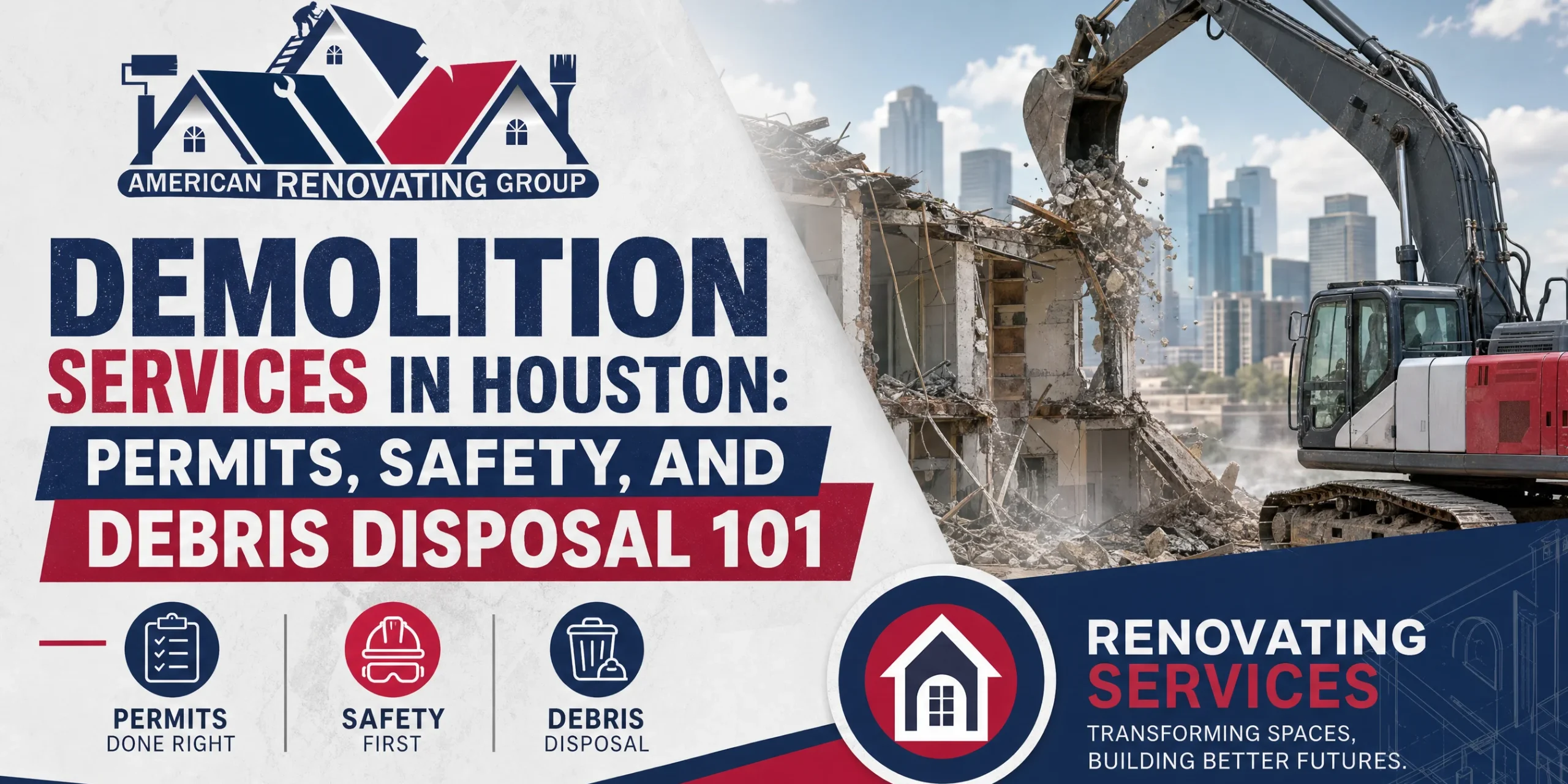 Crew performing safe selective demolition at a Houston property with dust control in place, city permits posted, and debris sorted for recycling and site cleanup — professional demolition services Houston