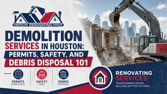 Crew performing safe selective demolition at a Houston property with dust control in place, city permits posted, and debris sorted for recycling and site cleanup — professional demolition services Houston