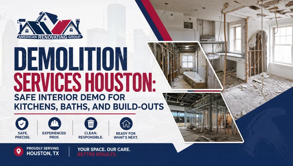 Technicians performing safe interior tear-out in a Houston kitchen with dust control and debris hauling—demolition services Houston by American Renovating Services Group