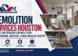 Technicians performing safe interior tear-out in a Houston kitchen with dust control and debris hauling—demolition services Houston by American Renovating Services Group
