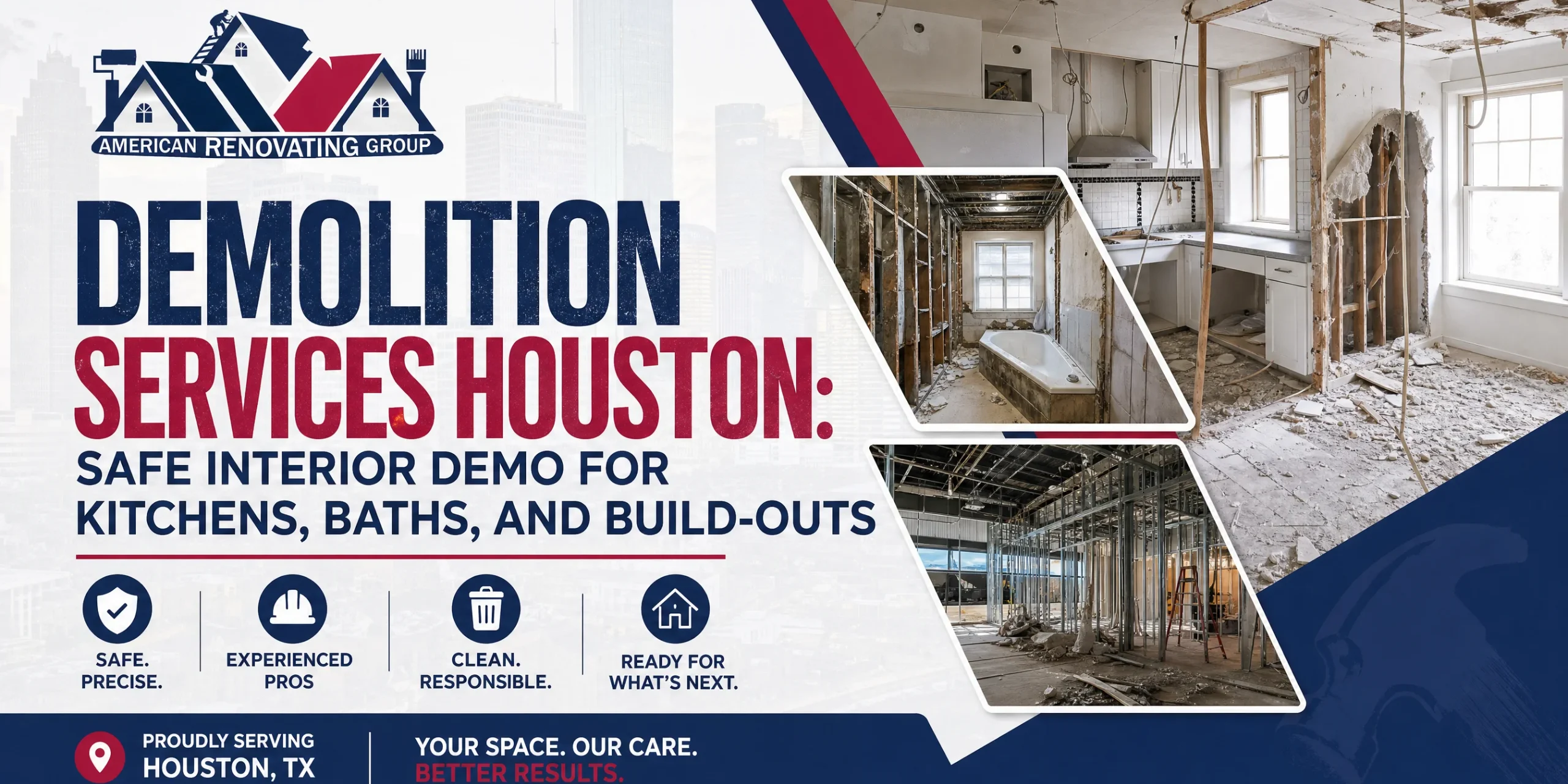 Technicians performing safe interior tear-out in a Houston kitchen with dust control and debris hauling—demolition services Houston by American Renovating Services Group