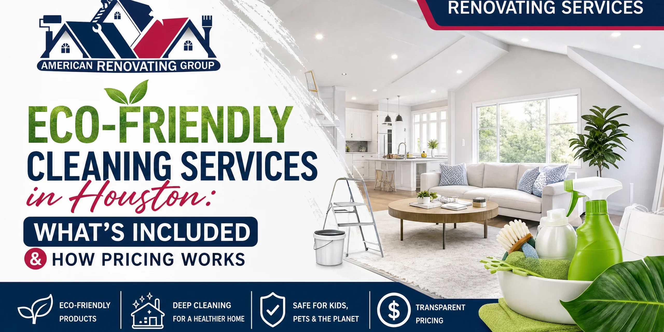Eco-Friendly Cleaning in Houston | American Renovating Services Group Professional using non-toxic products to clean a Houston office lobby, illustrating eco-friendly cleaning services Houston
