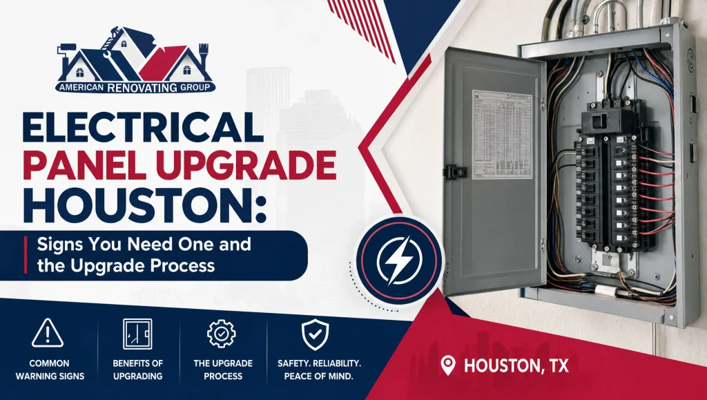 Licensed electrician assessing a breaker box in a Houston home for an electrical panel upgrade Houston to improve electrical safety and meet local code