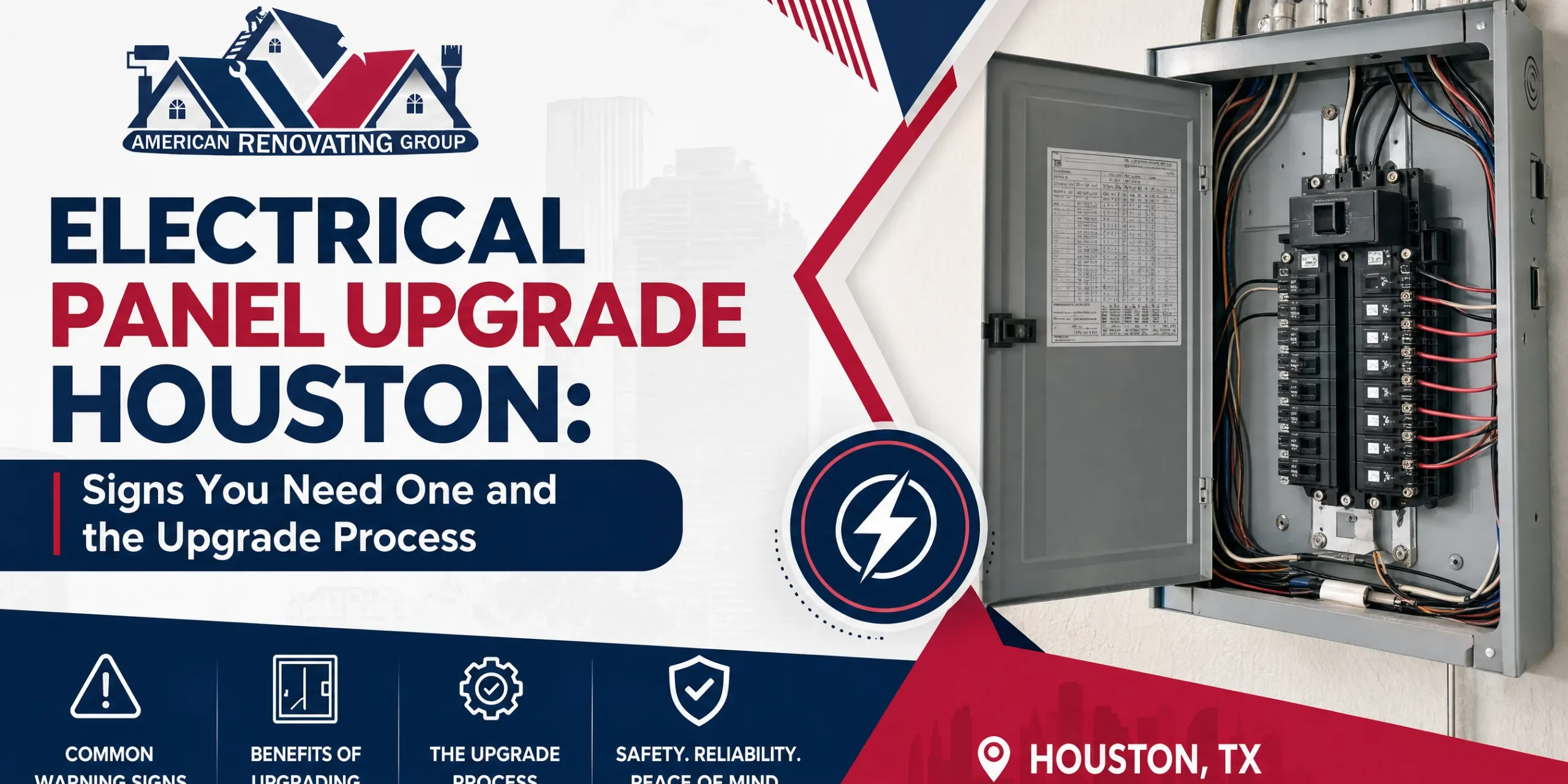 Licensed electrician assessing a breaker box in a Houston home for an electrical panel upgrade Houston to improve electrical safety and meet local code