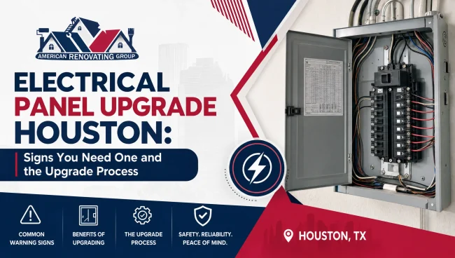 Licensed electrician assessing a breaker box in a Houston home for an electrical panel upgrade Houston to improve electrical safety and meet local code