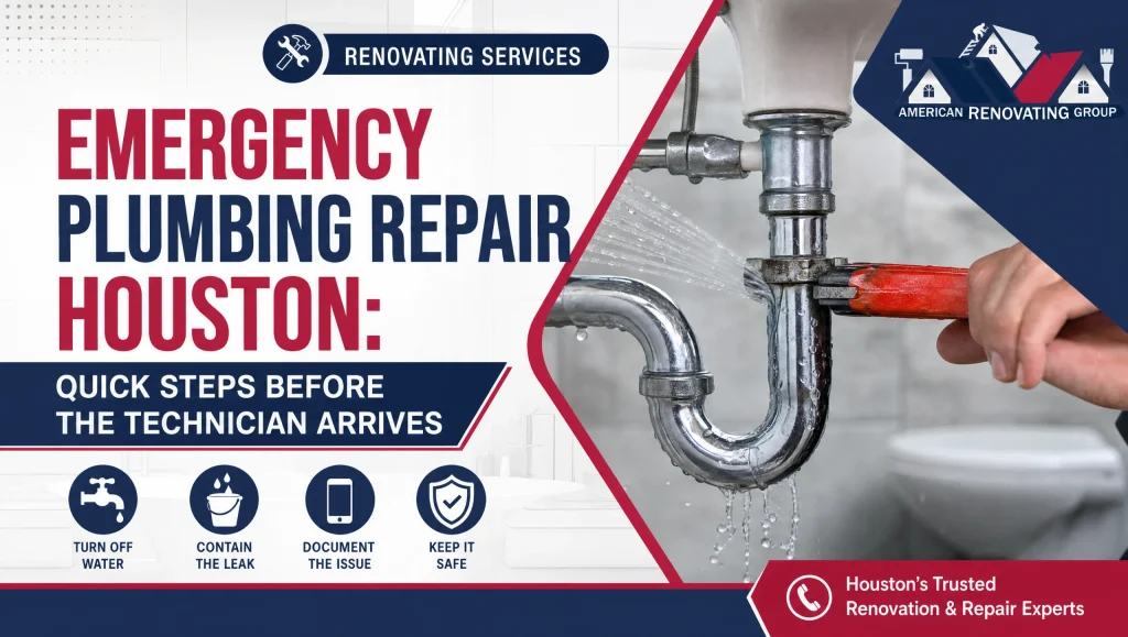 Houston homeowner closing the main shut-off valve to stop a burst pipe leak before the emergency plumbing repair Houston technician arrives.