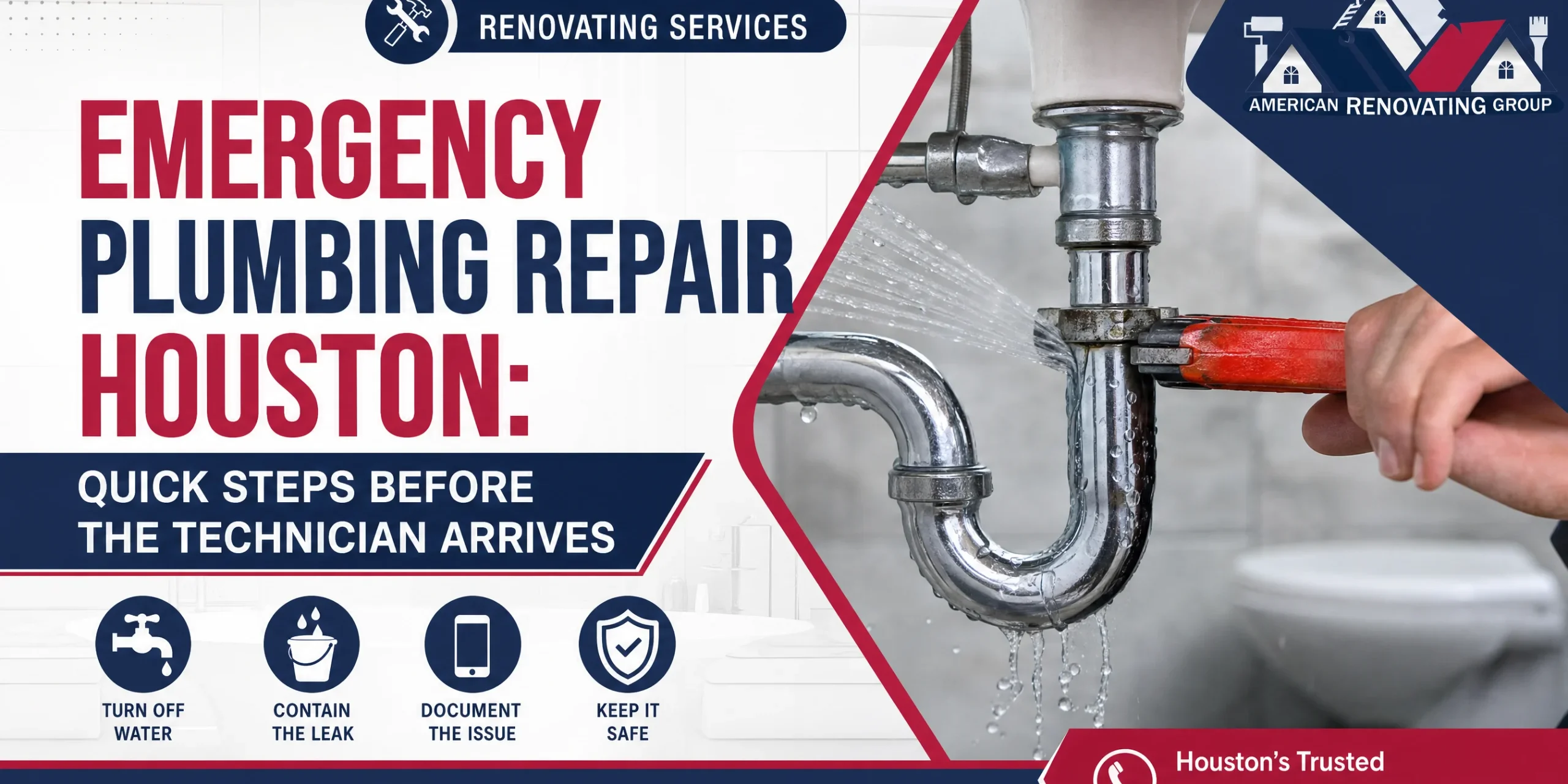 Houston homeowner closing the main shut-off valve to stop a burst pipe leak before the emergency plumbing repair Houston technician arrives.