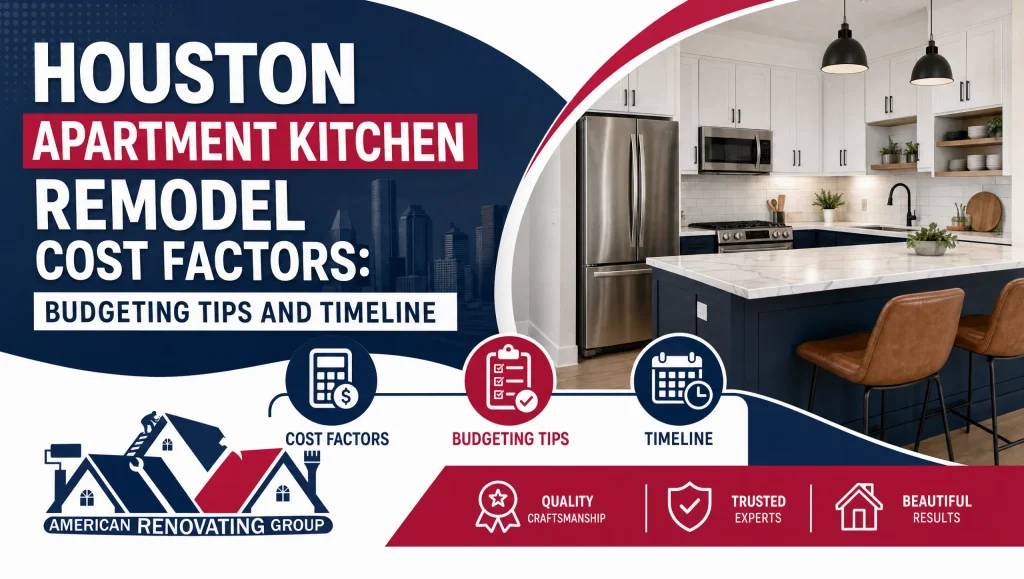 Project manager and resident reviewing Houston apartment kitchen remodel cost, materials, and schedule over detailed plans in a modern galley kitchen