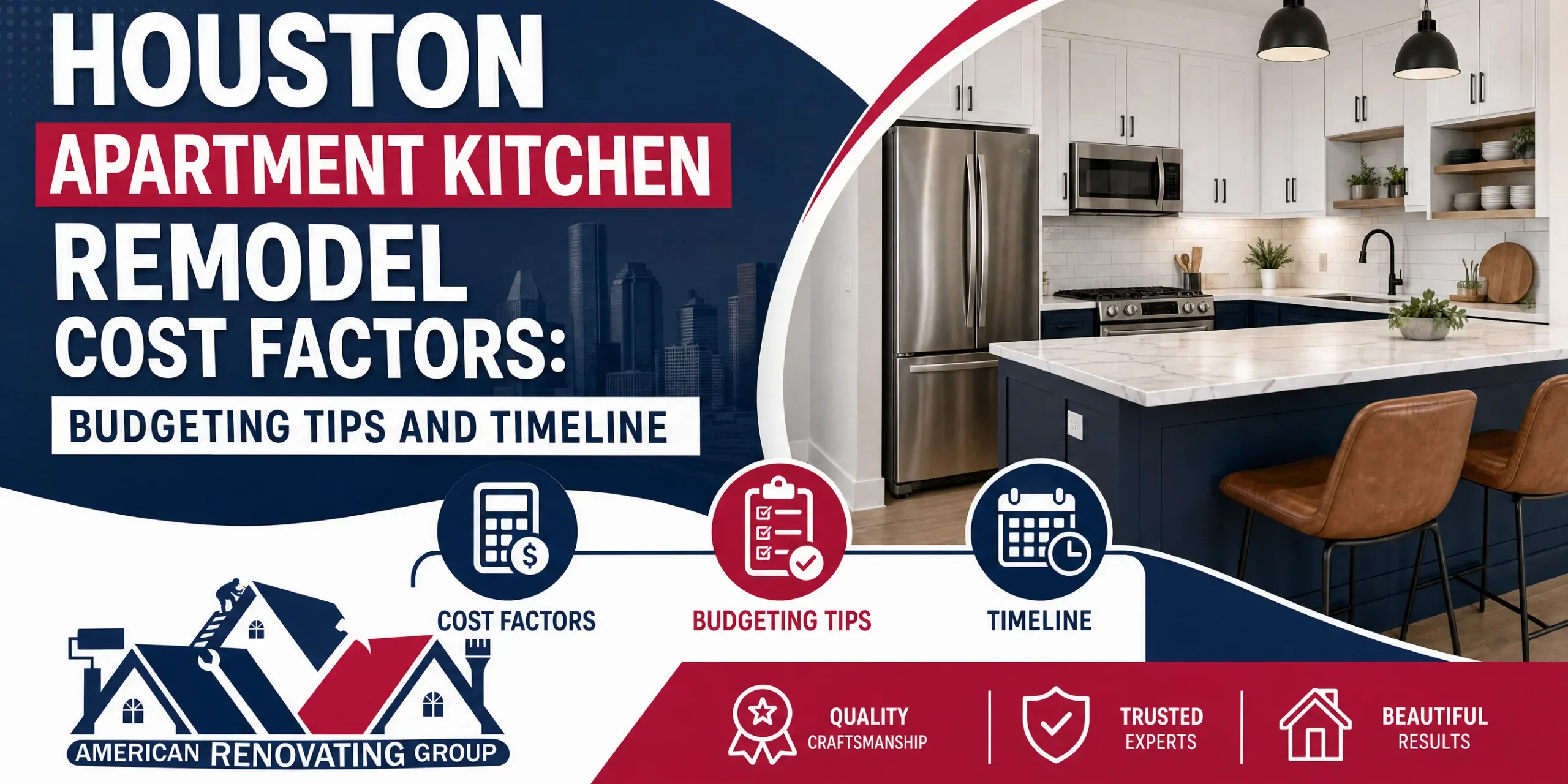 Project manager and resident reviewing Houston apartment kitchen remodel cost, materials, and schedule over detailed plans in a modern galley kitchen
