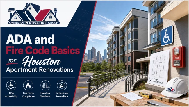 Contractor reviewing Houston apartment renovation codes with ADA accessibility details and fire egress plans on a multifamily floor layout