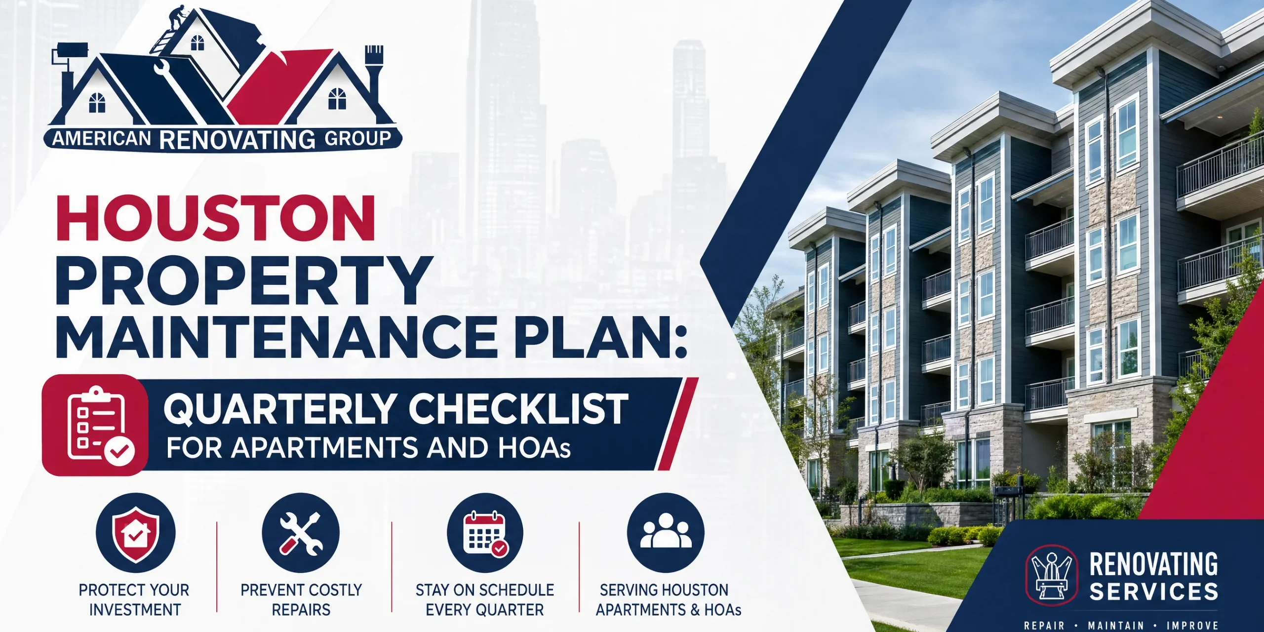 Houston property maintenance plan in action: technicians conducting a quarterly apartment community walk-through, checking HVAC filters, landscaping, and safety lighting in Houston, Texas
