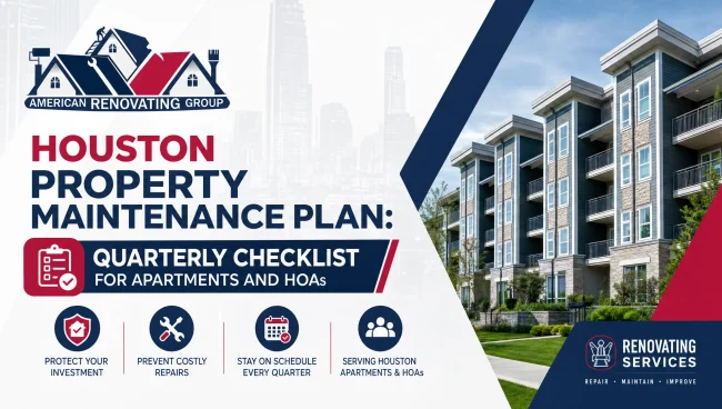 Houston property maintenance plan in action: technicians conducting a quarterly apartment community walk-through, checking HVAC filters, landscaping, and safety lighting in Houston, Texas
