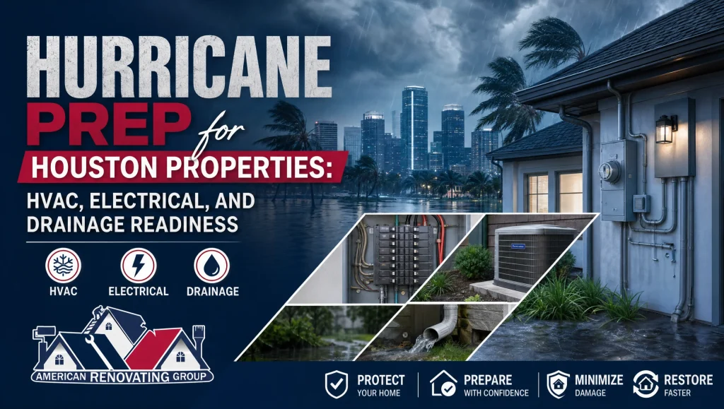 Technician inspects an HVAC unit, electrical panel, and yard drains—hurricane prep Houston properties before storm season
