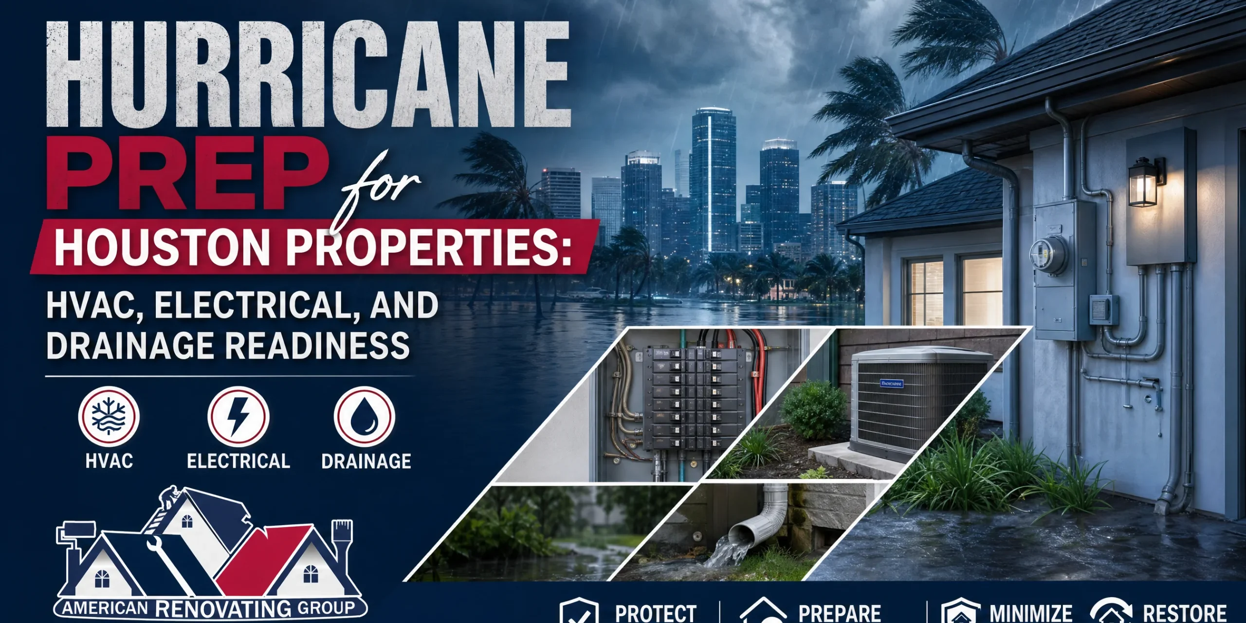 Technician inspects an HVAC unit, electrical panel, and yard drains—hurricane prep Houston properties before storm season