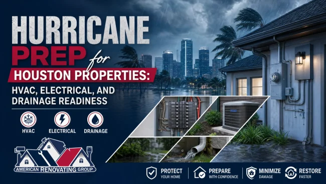Technician inspects an HVAC unit, electrical panel, and yard drains—hurricane prep Houston properties before storm season