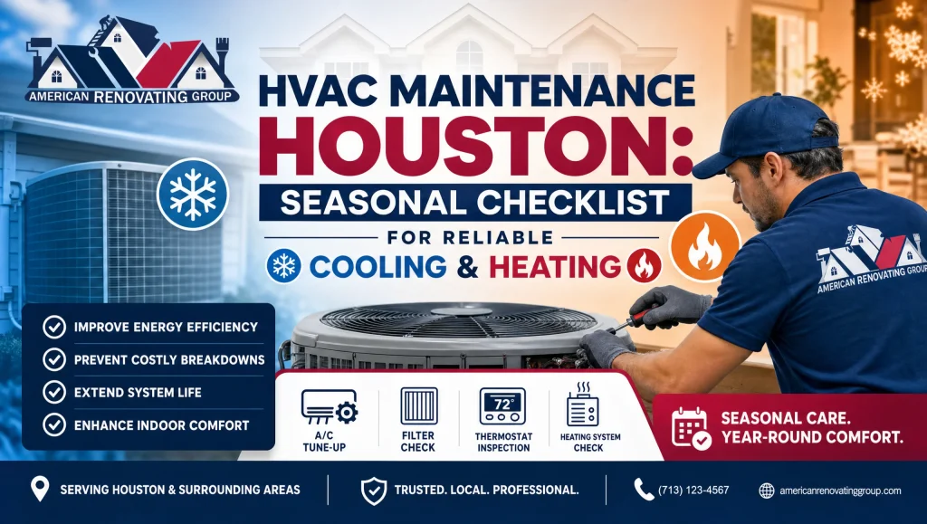 HVAC maintenance Houston technician checking a condenser and replacing an air filter as part of a seasonal checklist for reliable cooling and heating