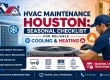 HVAC maintenance Houston technician checking a condenser and replacing an air filter as part of a seasonal checklist for reliable cooling and heating