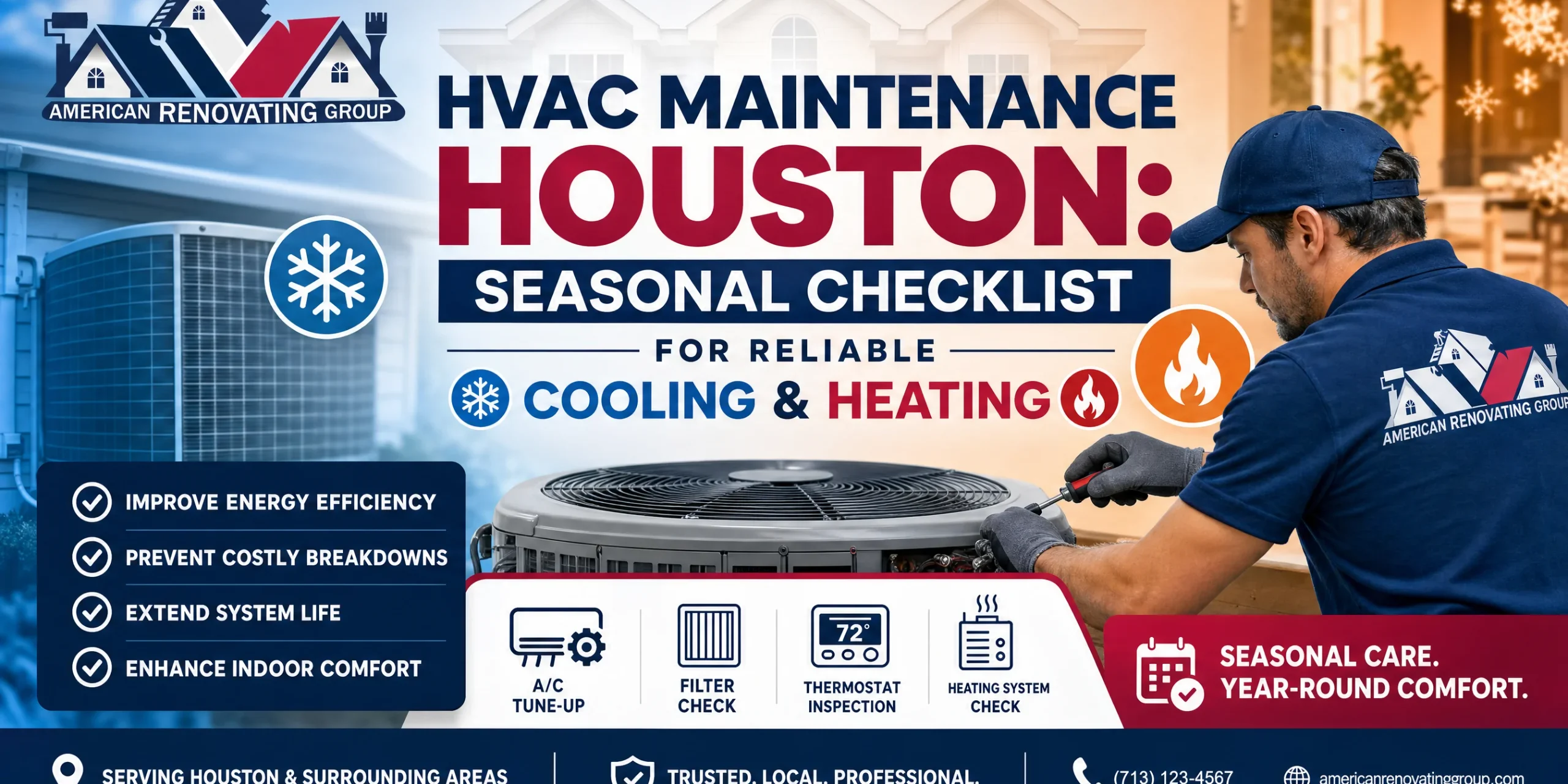 HVAC maintenance Houston technician checking a condenser and replacing an air filter as part of a seasonal checklist for reliable cooling and heating