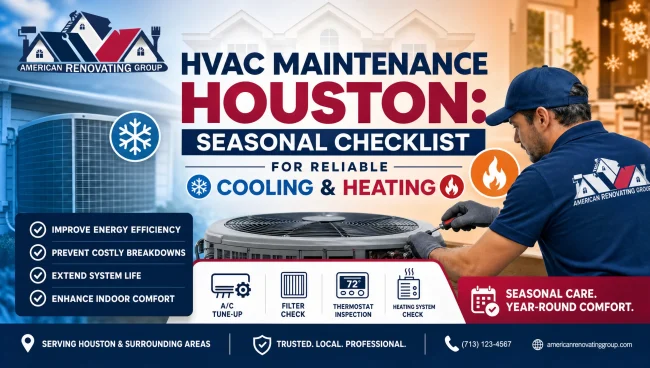 HVAC maintenance Houston technician checking a condenser and replacing an air filter as part of a seasonal checklist for reliable cooling and heating